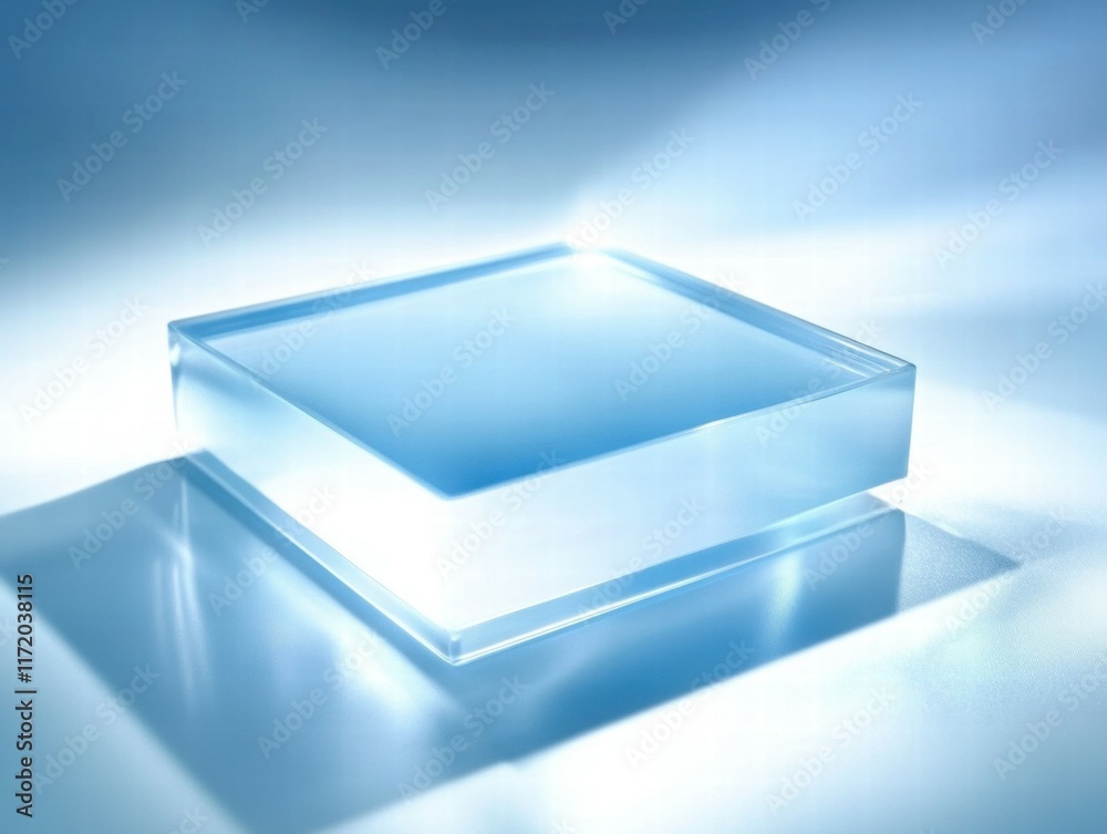 Aufkleber a transparent glass-like square block reflecting light in a serene blue setting.