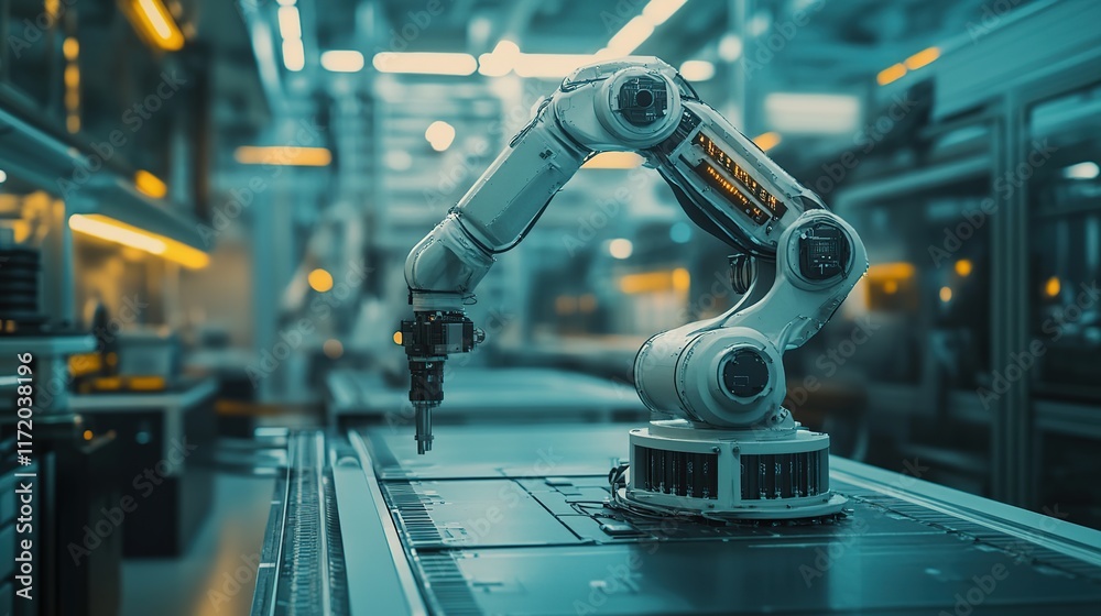 Poster robotic arm performing precision task on assembly line in modern factory.