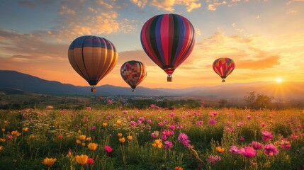 Obraz premium Majestic Hot Air Balloons Soaring Over a Vibrant Sunset Landscape