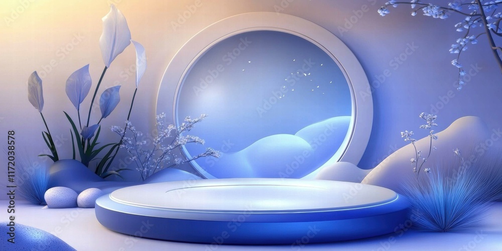 Aufkleber a serene, minimalist backdrop featuring soft shapes and a circular window, ideal for presentations.
