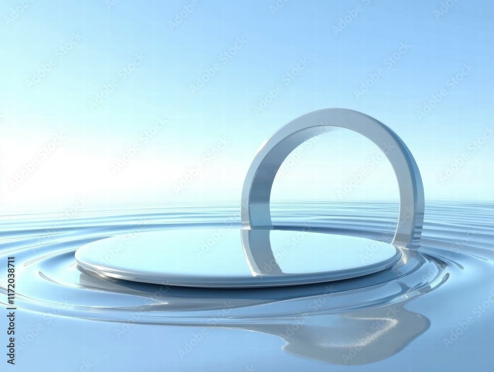 Aufkleber a minimalist design featuring a circular platform and arch above calm water, suggesting tranquility.