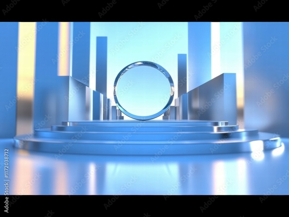 Poster A futuristic, minimalistic scene featuring a circular portal surrounded by sleek structures.
