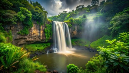Naklejka premium Lush Kauai's Wailua Falls cascade, a long exposure capturing its vibrant, verdant beauty.