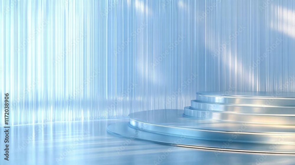 Poster a sleek, modern stage with circular platforms and a soft blue backdrop.