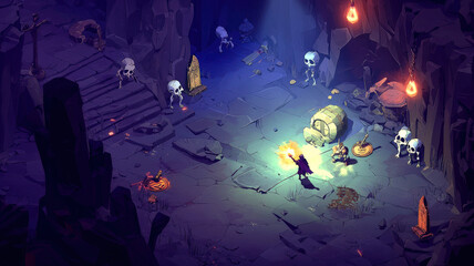 Fototapeta premium A fantasy game scene where a mage casts a radiant spell, lighting up a dark cavern filled with ancient treasure, glimmering gold, and eerie skeletons lurking in the shadows.