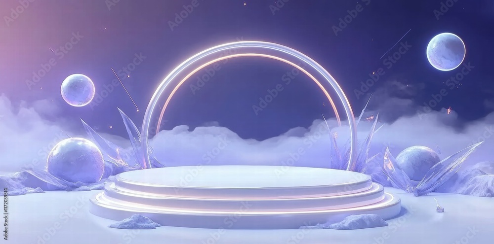 Aufkleber A futuristic stage design with glowing elements and crystal-like structures in a dreamy setting.