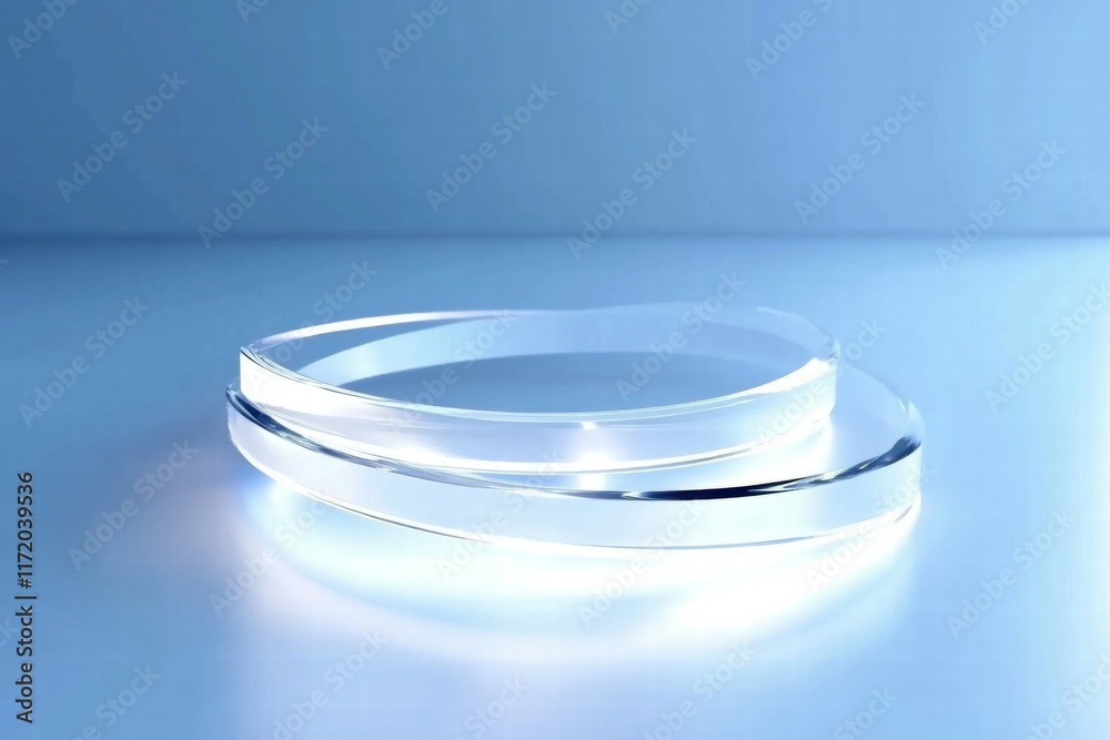 Poster A sleek, modern display featuring two intertwined transparent rings on a soft blue background.