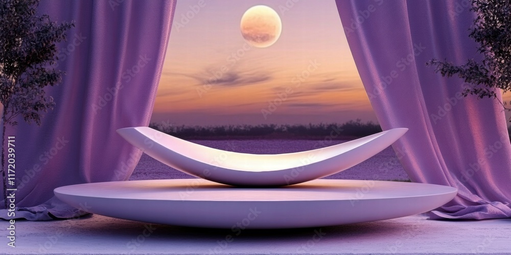 Poster A serene setting with a minimalist design, featuring a curved platform under a moonlit sky.