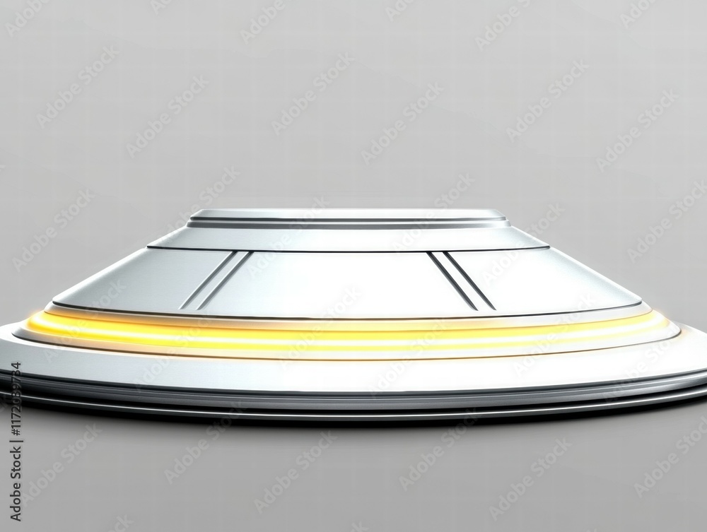 Poster a sleek, futuristic ufo design with a glowing edge on a neutral background.