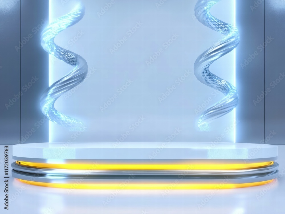 Poster a futuristic stage with swirling elements and illuminated accents, suitable for presentations.