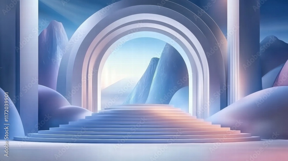 Aufkleber A serene, stylized archway leading to a tranquil landscape with soft colors and smooth shapes.