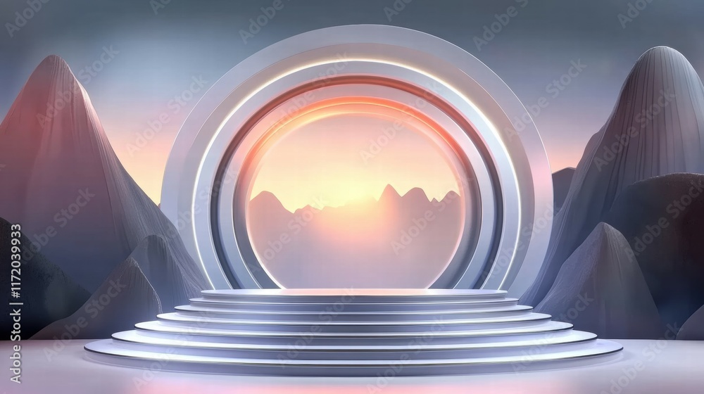 Aufkleber a serene stage with circular elements and a sunrise backdrop, evoking tranquility.