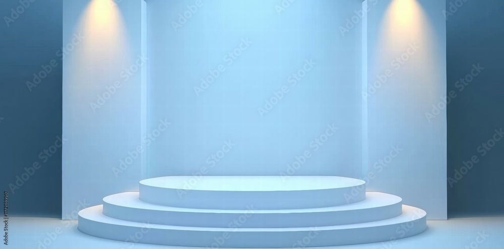 Poster a minimalist stage setup with soft lighting, ideal for presentations or performances.