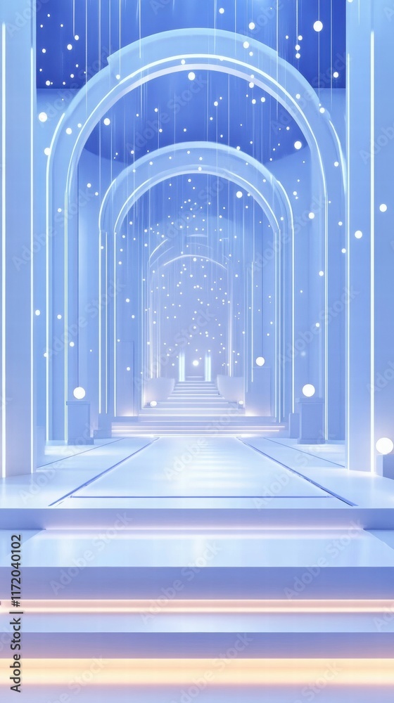 Leinwandbilder a serene, illuminated corridor with arches and floating lights, creating a tranquil atmosphere.