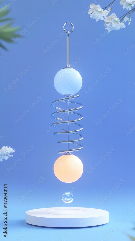 Poster A minimalist design featuring two spheres suspended on a spiral, with a floating bubble below.