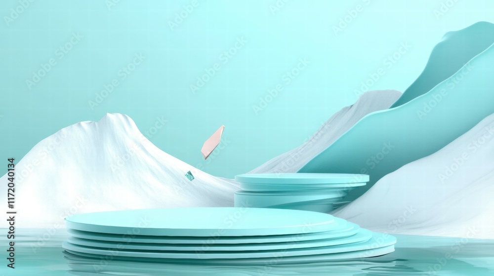 Poster abstract landscape with layered shapes and soft colors, evoking tranquility and creativity.