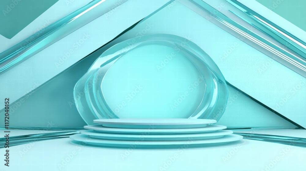 Poster A minimalist stage design featuring a translucent circular structure in a turquoise setting.