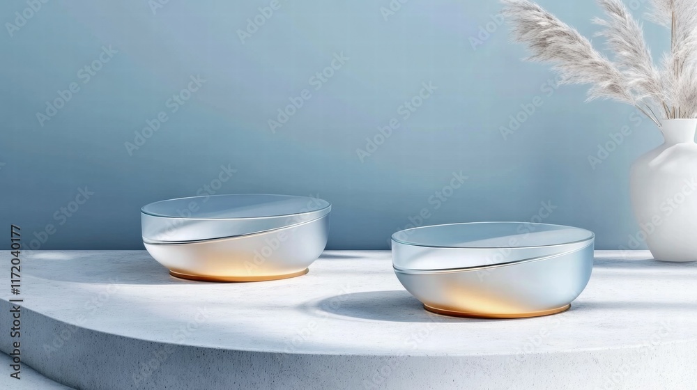 Leinwandbilder two elegant, illuminated containers on a smooth surface with a minimalist backdrop.