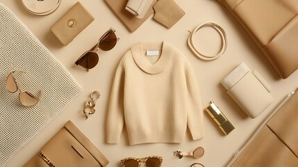 Stylish Beige Flat Lay with Fashion Accessories and Clothing Items