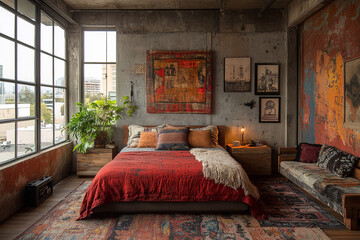 Rustic Loft Bedroom with Exposed Concrete and Vibrant Textiles