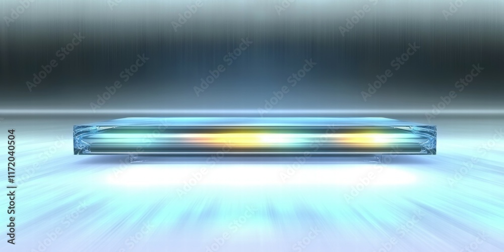 Poster a sleek, illuminated platform with a futuristic design and vibrant light effects.