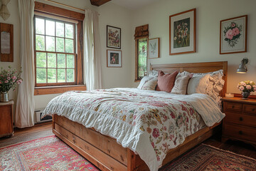 Rustic Farmhouse Bedroom With Floral Bedding And Artwork