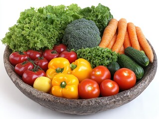 A vibrant assortment of fresh vegetables in a wooden bowl.