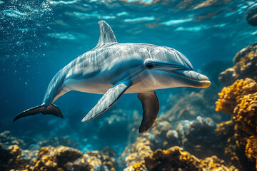 Fototapeta premium Dolphin swimming gracefully in vibrant ocean water