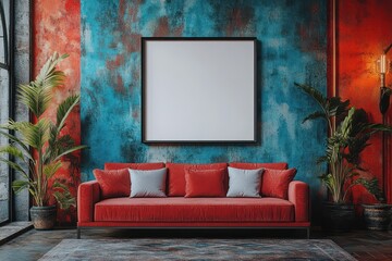 Modern Living Room With Red Sofa and Vibrant Blue Wall Decor Featuring Houseplants