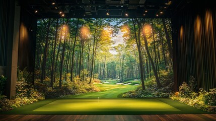 Indoor Golf Simulation with Scenic Forest Backdrop