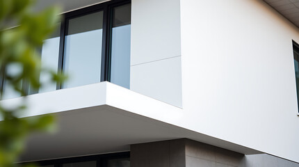 A close-up view of a modern building's exterior.  White walls and a cantilevered balcony with black-framed windows are prominent.  Part of a green plant is visible in the foreground, out of focus.
