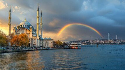 Fototapeta premium Majestic Mosque at Sunset with Rainbow over Bosphorus