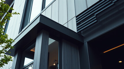 Obraz premium Modern Building Exterior: Metal Siding, Windows, and Recessed Entry