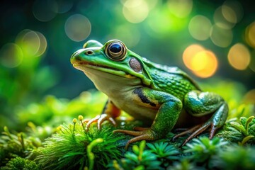 Fototapeta premium Macro close-up: a green frog, sharply focused, showcases vibrant amphibian detail in nature.
