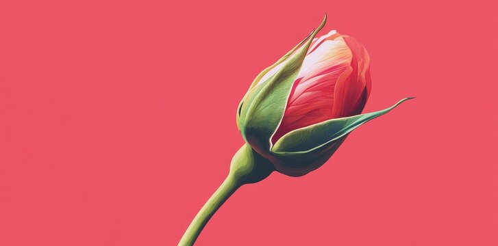A single pink rosebud gracefully unfolds against a coral background