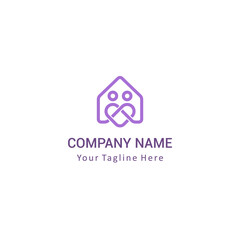 Housing company logo formed from the initials of the letters of the house symbol, combined with the shape of a heart or love also with 2 people, in a lineart style