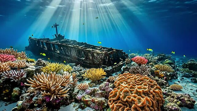 Sunbeams illuminate a sunken shipwreck resting on a vibrant coral reef teeming with diverse marine life in a crystal-clear ocean.