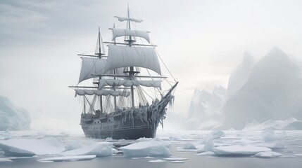 Fototapeta premium Realistic depiction of a ship navigating through a polar ice field, studio lighting setup, space in the center,generative ai illustration