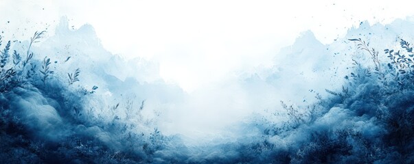 Mystical Foggy Forest Landscape with Blue Mountains and Lush Foliage in Serene Wilderness Panorama