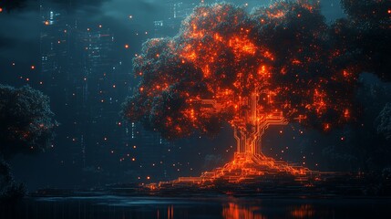 Fiery digital tree glowing at night, futuristic city backdrop.