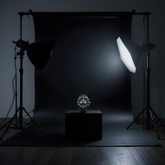 Minimalist photography studio with black backdrop and softbox lighting, showcasing high-end products with intricate details and shallow depth of field
