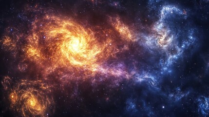 A vibrant cosmic scene showcasing swirling galaxies in shades of orange and blue.