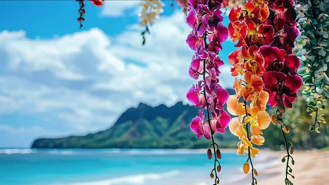 Tropical flower lei garlands over Hawaiian coastal view. Lei Day, cultural celebration in Hawaii