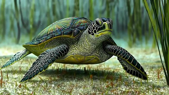 Vibrant sea turtle swimming in a lush underwater habitat, showcasing intricate shell patterns and details.