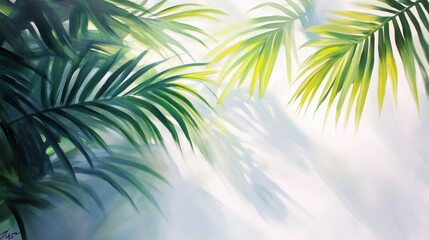 Lush green palm leaves backlit by sunlight, casting shadows on a hazy background.