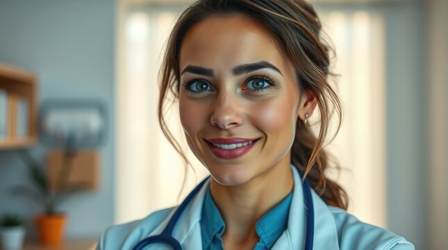 A skilled female doctor radiates confidence and warmth in a modern clinic, showcasing her commitment to patient care and excellence in medicine this Women Physicians Day