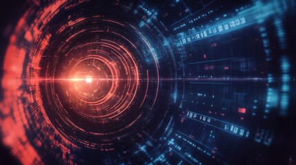 Obraz premium Abstract digital tunnel with glowing red and blue concentric circles and data streams.