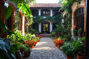 Fototapeta premium Lush Courtyard Garden with Cobblestone Path and Spanish Style House