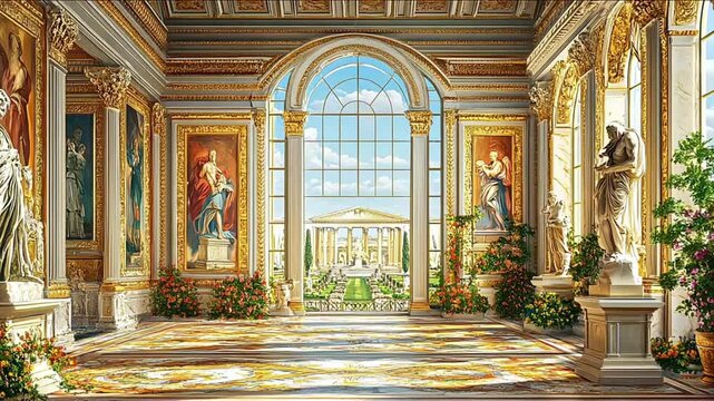 Interior view of the Borghese Gallery in Rome, Italy showcasing ancient art sculptures and paintings, Rome