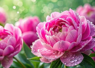 Fototapeta premium Macro photography reveals exquisite dew-kissed pink peony blooms in high-resolution detail.